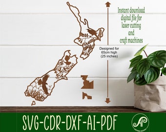 New Zealand with native birds outline SVG laser cut file, wall decor. Kiwiana NZ map, vector file svg, ai, cdr, dxf, pdf instant download