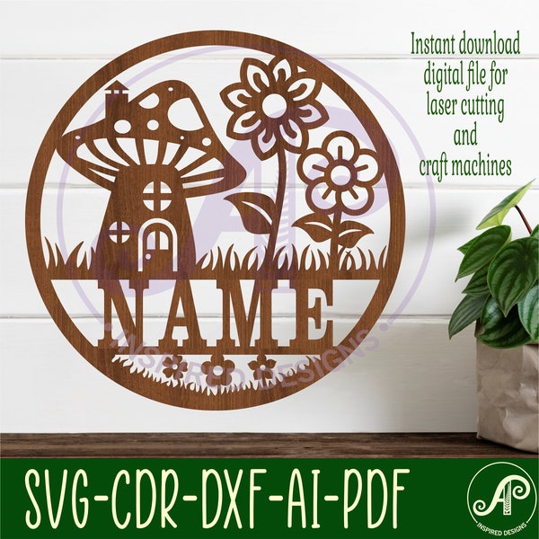 Mushroom house name sign, SVG, travel themed door or wall hanger, Laser cut template, instant download Vector file Ai, Cdr, Dxf