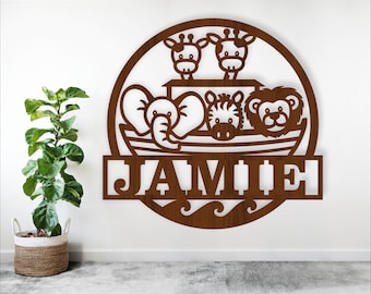 Noah's Ark Name Sign SVG: Animal Theme Laser Cut File (Digital Download)