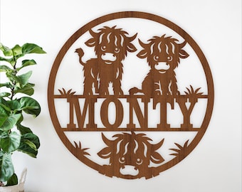 Highland cows Name Sign SVG- Laser Cut farm nursery personalized decor (Digital Download)