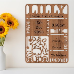 Baby stats, Birth plaque, announcement sign template SVG, Unicorn theme wall hanger, Laser cut template, instant download Ai, Cdr, Dxf