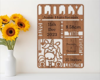 Unicorn Birth Stats Plaque Template: Laser Cut Announcement Sign (Digital Download)