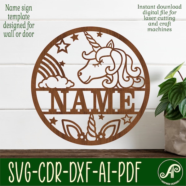 Unicorn name sign, SVG, fantasy themed door or wall hanger, Laser cut template, instant download Vector file Ai, Cdr, Dxf