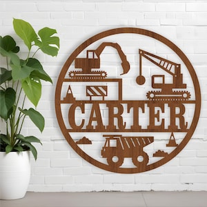 Letrero con nombre de construcción, SVG, colgador de pared o puerta con temática de vehículo, plantilla cortada con láser, descarga instantánea Archivo vectorial Ai, Cdr, Dxf