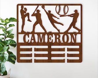 Baseball Medal Holder With Player Silhouettes Personalized Name Sign SVG (Digital Download)