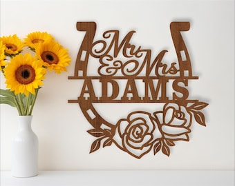 Rose Horseshoe Mr & Mrs Name Sign: Wedding Decor Laser Cut Template (SVG, PDF)