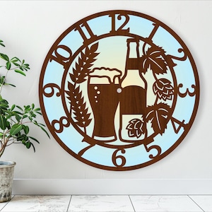 Beer hops and wheat wall clock laser cut files, SVG file. vector file ai, cdr, dxf instant download digital design, cut file template