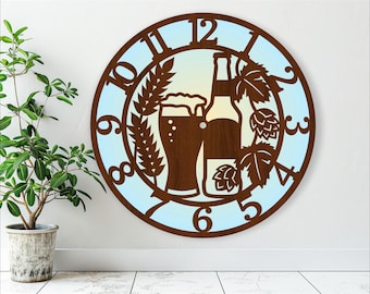 Beer hops and wheat wall clock laser cut files, SVG file. vector file ai, cdr, dxf instant download digital design, cut file template