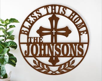 Bless This Home Family Name Sign SVG | Laser cut Cross decor (Digital Download)