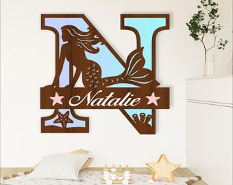 Mermaid Monogram SVG: 3-Layer Laser Cut Name Sign (Digital Download)