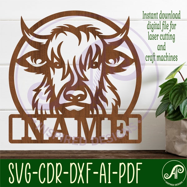 Highland cow name sign, SVG, animal themed door or wall hanger, Laser cut template, instant download Vector file Ai, Cdr, Dxf