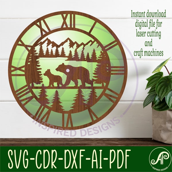 Forest bears wall clock laser cut files, SVG file. vector file ai, cdr, dxf instant download digital design, cut file template