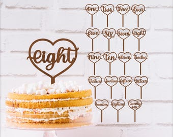 Heart number cake topper bundle, SVG laser cut, instant download written word cake toppers