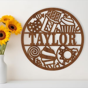 Placa de nome de guloseimas, SVG, cabide de porta ou parede com tema de comida, modelo de corte a laser, download instantâneo Arquivo vetorial Ai, Cdr, Dxf