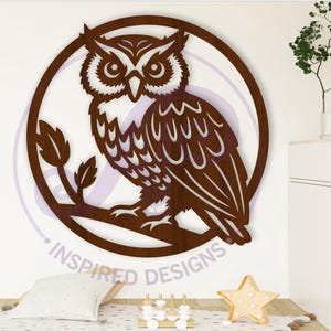 Fichier SVG d'art mural hibou - fichier vectoriel de coupe téléchargement numérique design - art mural hibou découpé au laser thème animalier
