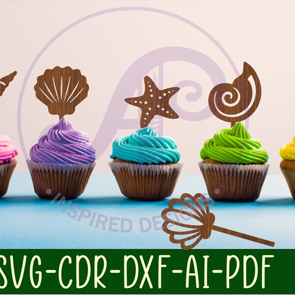 Seashell toppers, 6 designs  SVG laser cut, instant download Pdf, Dxf, Ai and Cdr template.