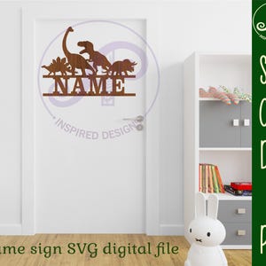May include: A digital file for a name sign with a dinosaur theme. The sign features a silhouette of a group of dinosaurs, including a brachiosaurus, a stegosaurus, and a triceratops. The sign is designed to be cut from wood or other materials and personalized with a name.