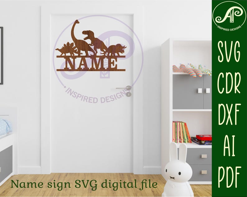 May include: A digital file for a name sign with a dinosaur theme. The sign features a silhouette of a group of dinosaurs, including a brachiosaurus, a stegosaurus, and a triceratops. The sign is designed to be cut from wood or other materials and personalized with a name.