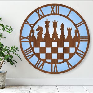 May include: A wooden clock with a blue background and a chessboard design. The clock features a silhouette of chess pieces on a chessboard.