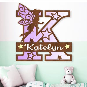 Letreros con monograma de hada. Plantilla SVG de 3 capas cortada a láser, para colgar en puerta o pared, archivos AI, CDR, DXF y PDF instantáneos.