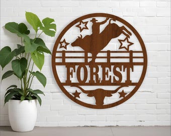 Rodeo Bull rider name sign, Laser cut file SVG, Rodeo themed door or wall hanger, instant download Vector template Ai, Cdr, Dxf