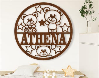 Teddy bear name sign, SVG, Nursery themed door or wall hanger, Laser cut template, instant download Vector file Ai, Cdr, Dxf