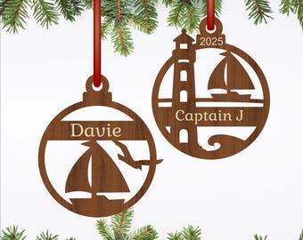 Sailboat and lighthouse Christmas Decorations SVG - Laser Cut personalized nautical ornament (digital download)
