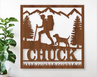 Hiking male with Dog Name Sign – SVG Laser Cut Outdoor Themed Art (Digital Download)