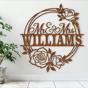 Rose Kranz Mr Mrs, Namensschild, SVG, Tür- oder Wandhänger mit dem Thema Hochzeit, Laser geschnittene Vorlage, sofortiger Download Vektordatei Ai, Cdr, Dxf