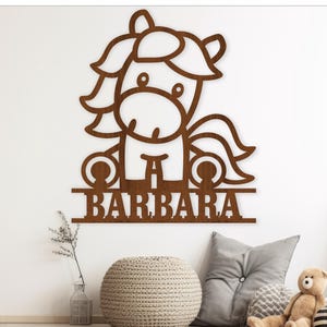 Modelo de placa de nome de cavalo fofo SVG cortado a laser, cabide de porta ou parede ai, cdr, dxf pdf download instantâneo
