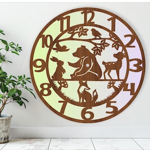 File tagliati al laser dell'orologio da parete degli animali del bosco, file SVG. file vettoriale ai, cdr, dxf download immediato progettazione digitale, modello di file di taglio