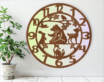 Woodland animal wall clock laser cut files, SVG file. vector file ai, cdr, dxf instant download digital design, cut file template