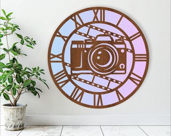 Photography wall clock laser cut files, SVG file. vector file ai, cdr, dxf instant download digital design, cut file template