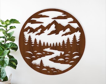 Mountain River Forest Circle Wall Art SVG Laser Cut File Cabin Decor (Digital Download)