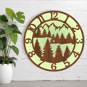 File tagliati al laser dell'orologio da parete degli alberi della foresta, file SVG. file vettoriale ai, cdr, dxf download immediato progettazione digitale, modello di file di taglio
