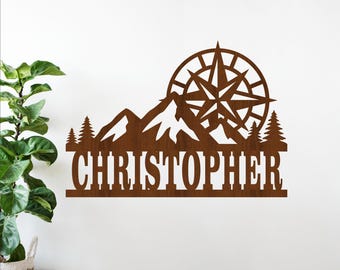 Mountains Compass Name Sign SVG - Personalized Outdoor Adventure Laser Cut Decor (Digital Download)