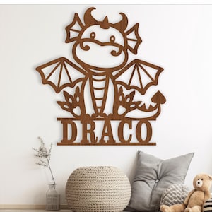Drache Namensschild SVG, Tür- oder Wandhänger mit dem Thema Tier, niedliches Tier, Laser geschnittene Vorlage, sofortiger Download Vektordatei Ai, Cdr, Dxf