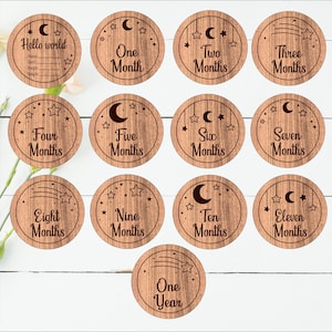 Discos mensuales de hitos de luna y estrellas SVG - paquete con temática de guardería - Archivos cortados con láser - descarga instantánea