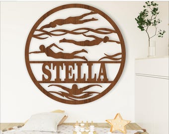 Swimming Name Sign SVG: Sports Wall Hanger, Laser Cut File (Digital Download)