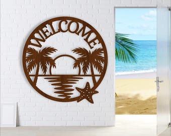 Welcome Beach Scene Laser Cut Sign: Coastal Wall Art (SVG File)