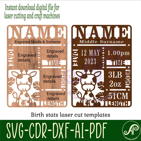 Baby stats Giraffe , Birth plaque, announcement sign template SVG, wall hanger, Laser cut template, instant download Ai, Cdr, Dxf