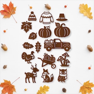 Fall Thanksgiving Laser Cut SVG Bundle, 16 Mini Autumn Pumpkin Animal Tiered Tray Shapes