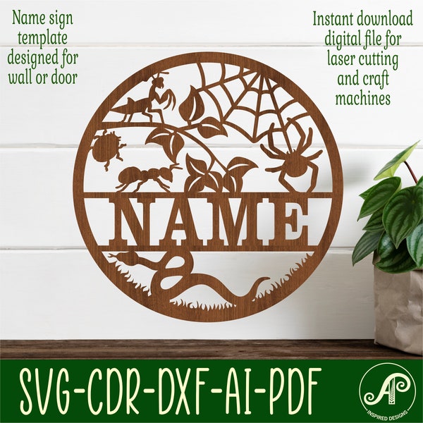 Creature name sign, SVG, insect bug and snake themed door or wall hanger, Laser cut template, instant download Vector file Ai, Cdr, Dxf