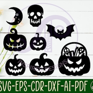 Puede incluir: Recortes negros con tem&aacute;tica de Halloween, que incluyen una luna creciente con una cara, una calavera, un murci&eacute;lago y varias calabazas talladas. La imagen tambi&eacute;n incluye el texto "SVG-EPS-CDR-DXF-AI-PDF".