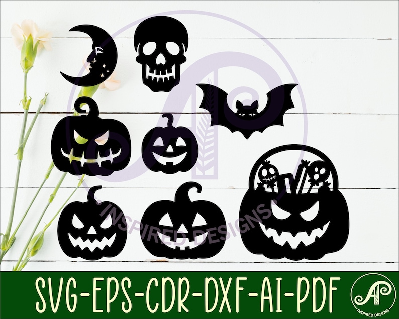 Puede incluir: Recortes negros con tem&aacute;tica de Halloween, que incluyen una luna creciente con una cara, una calavera, un murci&eacute;lago y varias calabazas talladas. La imagen tambi&eacute;n incluye el texto "SVG-EPS-CDR-DXF-AI-PDF".
