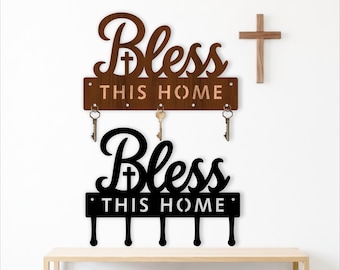 Schlüsselanhänger „Bless This Home“ (SVG-Datei), christliche Schlüsselbretter für Laserschneiden und Metallbearbeitung