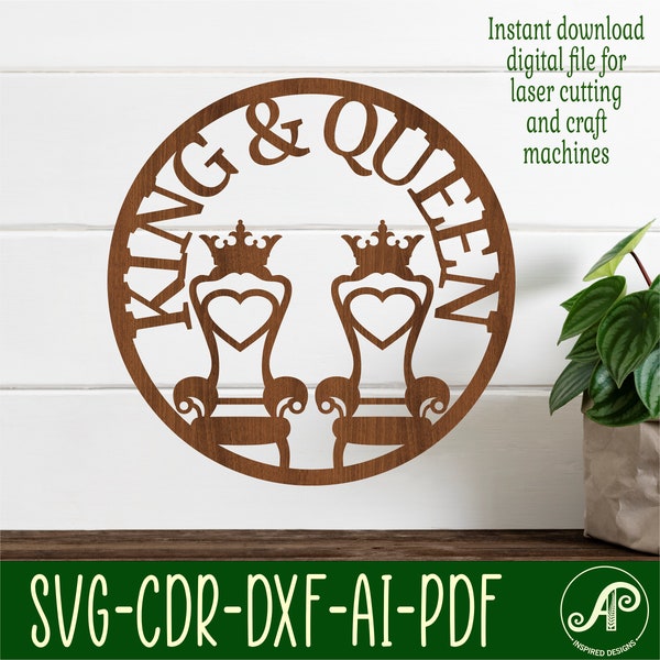 King and Queen name sign, SVG, wedding themed door or wall hanger, Laser cut template, instant download Vector file Ai, Cdr, Dxf