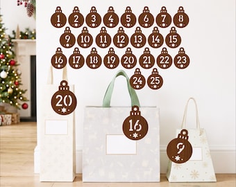 Christmas Bauble Advent Calendar Tags SVG Set, Laser Cut Number Ornaments for Christmas Countdown