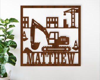 Excavator Name Sign SVG: Construction Digger Personalized Kids Wall Decor (digital download)