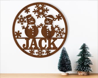 Snowmen Christmas Name Sign: Laser Cut SVG Template (Digital Download)